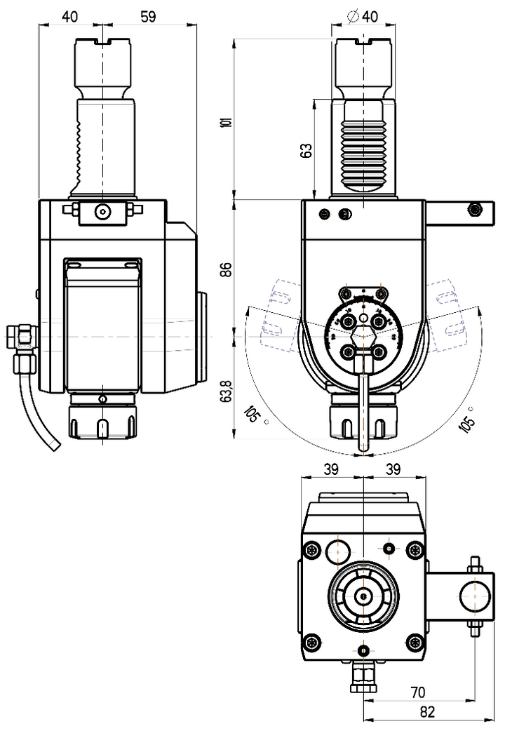 RG Tools VDI 40, winkelverstellbarer Werkzeughalter, Kupplung Okuma, mit Innenkühlung RGX1-40/551-25/2JB Dimensionen