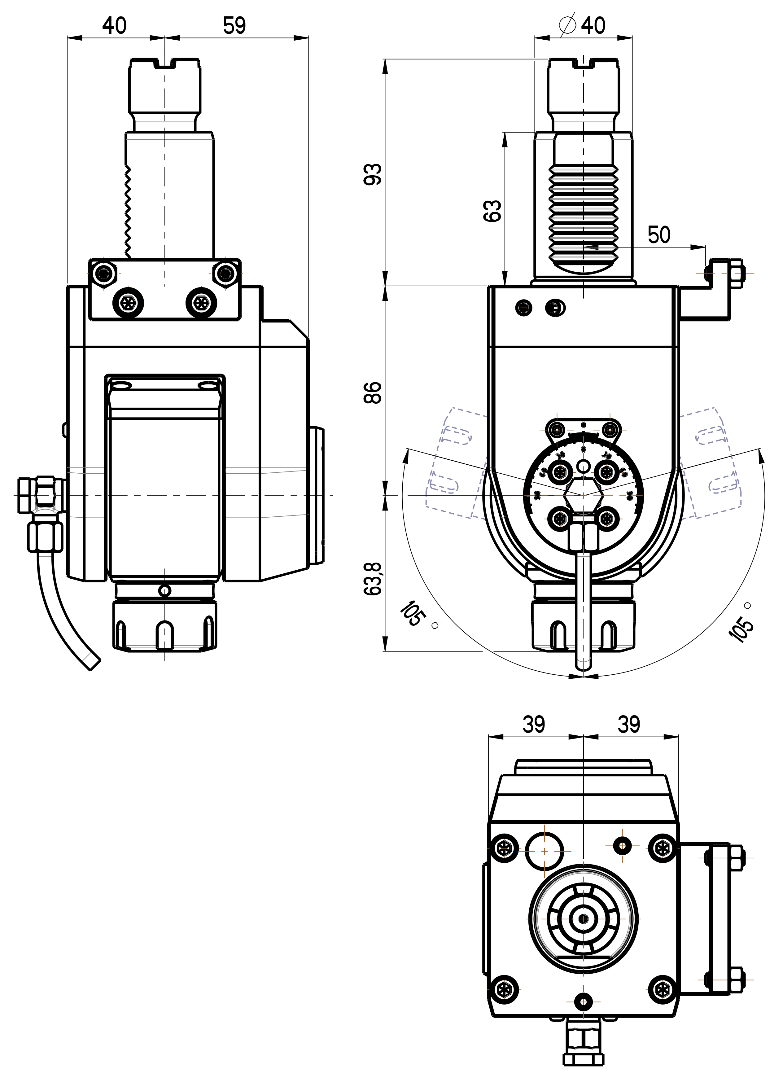RG Tools VDI 40, winkelverstellbarer Werkzeughalter, Kupplung Okuma, mit Innenkühlung RGX1-40/551-25/2JD Dimensionen