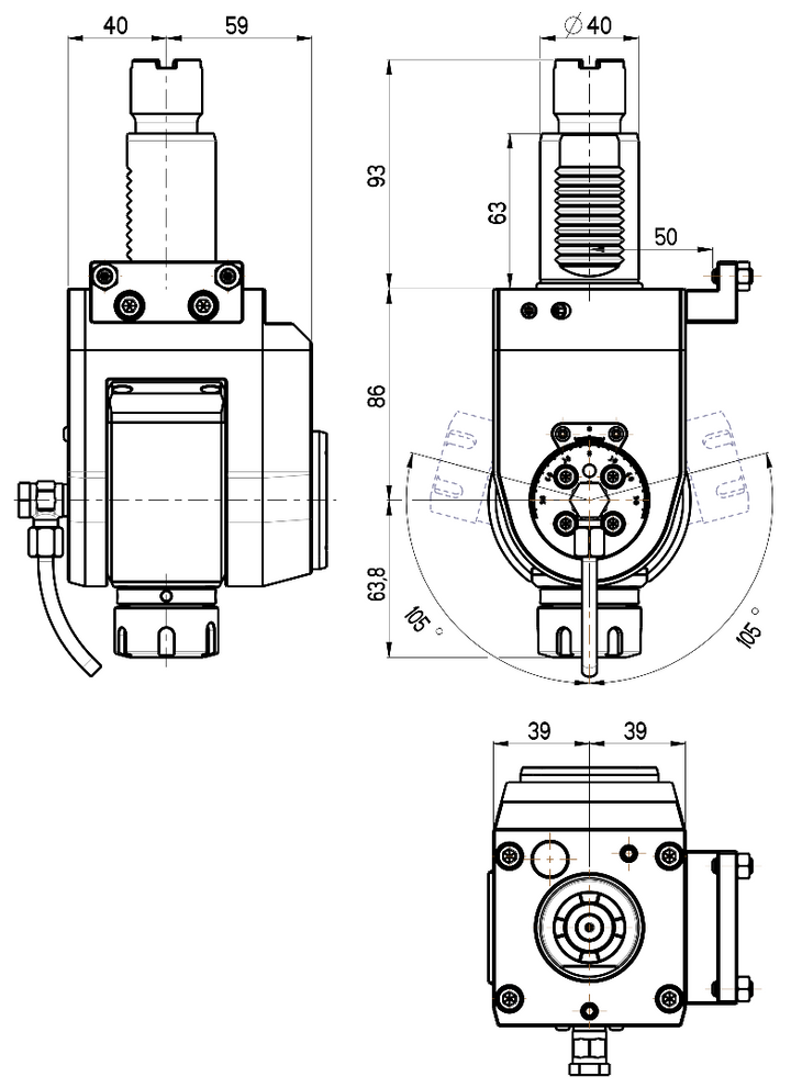 RG Tools VDI 40, winkelverstellbarer Werkzeughalter, Kupplung Okuma, mit Innenkühlung RGX1-40/551-25/2JD Dimensionen