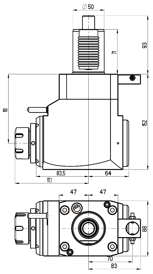 RG Tools VDI 50, winkliger Werkzeughalter, Kupplung DIN 5482, mit Innenkühlung RGX1-50/211-32/2.2-110 Dimensionen