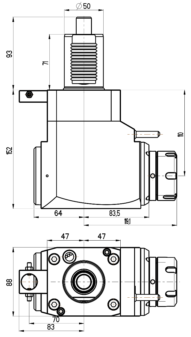 RG Tools VDI 50, winkliger Werkzeughalter, Kupplung DIN 5482, mit Innenkühlung RGX1-50/211-40/2.1-110 Dimensionen