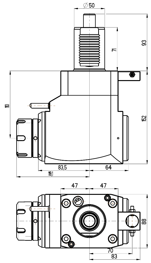 RG Tools VDI 50, winkliger Werkzeughalter, Kupplung DIN 5482, mit Innenkühlung RGX1-50/211-40/2.2-110 Dimensionen