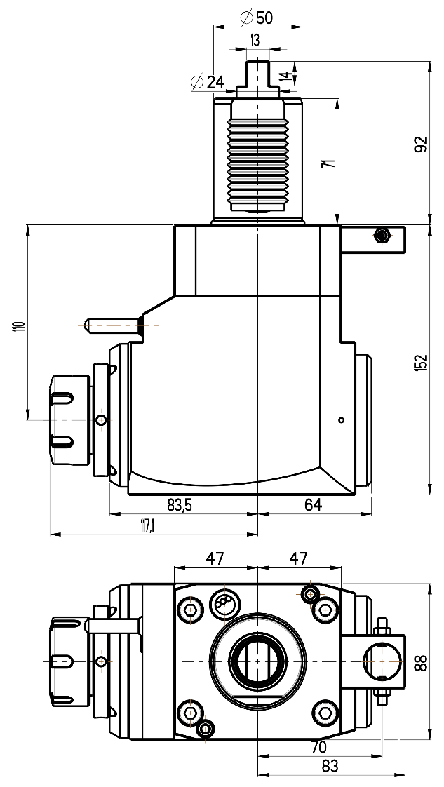 RG Tools VDI 50, winkliger Werkzeughalter, Kupplung DIN 1809, ohne Innenkühlung RGX1-50/221-32/1.2-110 Dimensionen