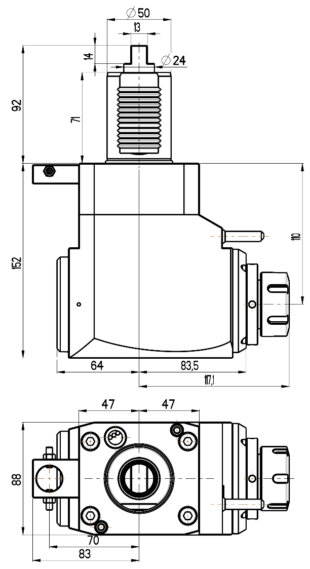 RG Tools VDI 50, winkliger Werkzeughalter, Kupplung DIN 1809, mit Innenkühlung RGX1-50/221-32/2.1-110 Dimensionen