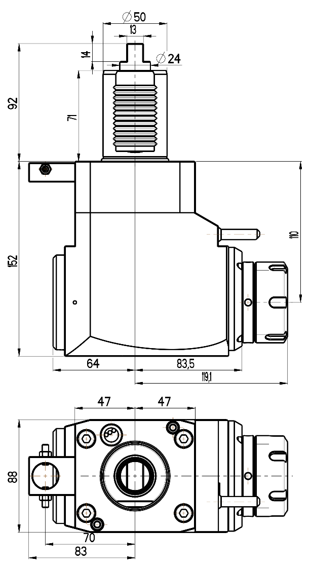 RG Tools VDI 50, winkliger Werkzeughalter, Kupplung DIN 1809, ohne Innenkühlung RGX1-50/221-40/1.1-110 Dimensionen