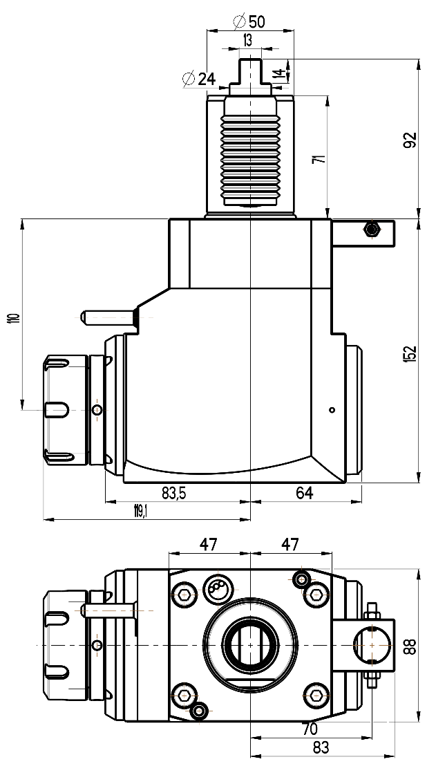 RG Tools VDI 50, winkliger Werkzeughalter, Kupplung DIN 1809, ohne Innenkühlung RGX1-50/221-40/1.2-110 Dimensionen