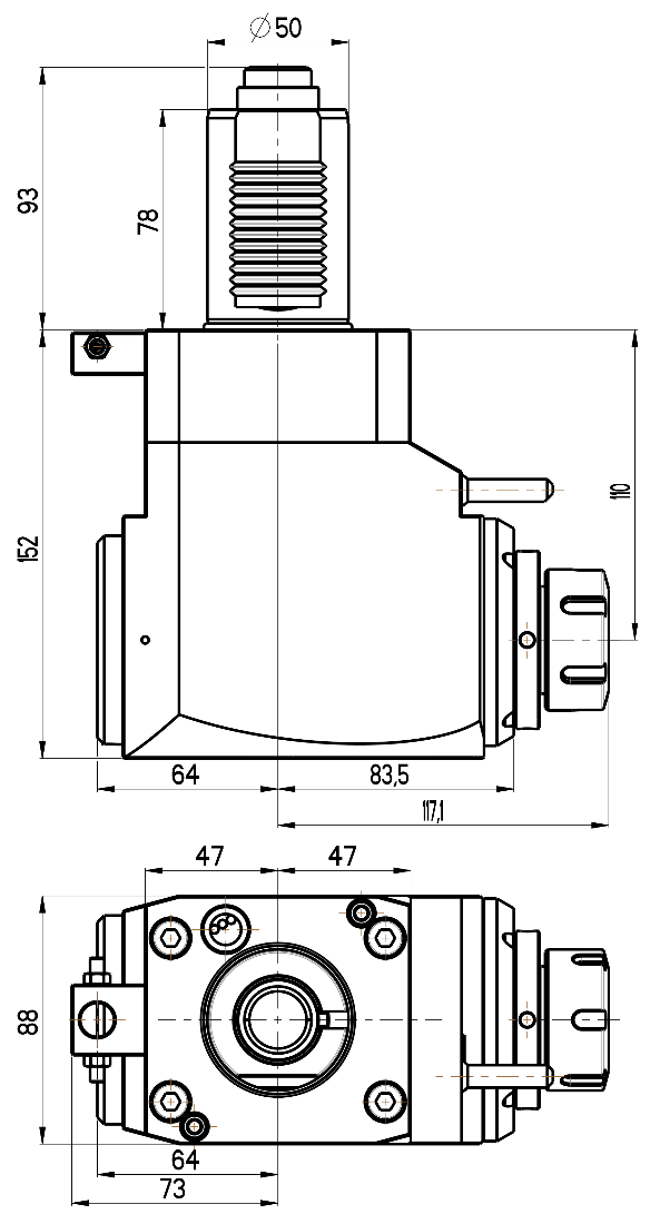 RG Tools VDI 50, winkliger Werkzeughalter, Kupplung DIN 5480, mit Innenkühlung RGX1-50/231-32/2.1-110 Dimensionen