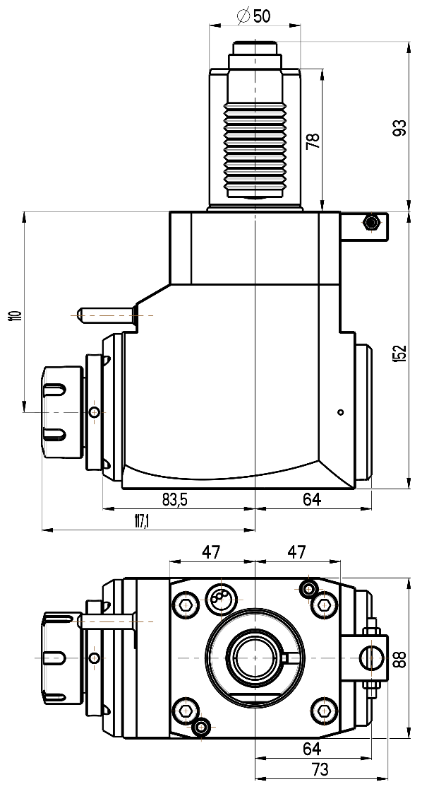 RG Tools VDI 50, winkliger Werkzeughalter, Kupplung DIN 5480, mit Innenkühlung RGX1-50/231-32/2.2-110 Dimensionen