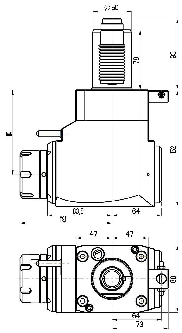 RG Tools VDI 50, winkliger Werkzeughalter, Kupplung DIN 5480, ohne Innenkühlung RGX1-50/231-40/1.2-110 Dimensionen