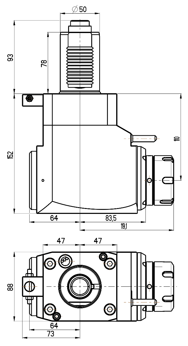 RG Tools VDI 50, winkliger Werkzeughalter, Kupplung DIN 5480, mit Innenkühlung RGX1-50/231-40/2.1-110 Dimensionen