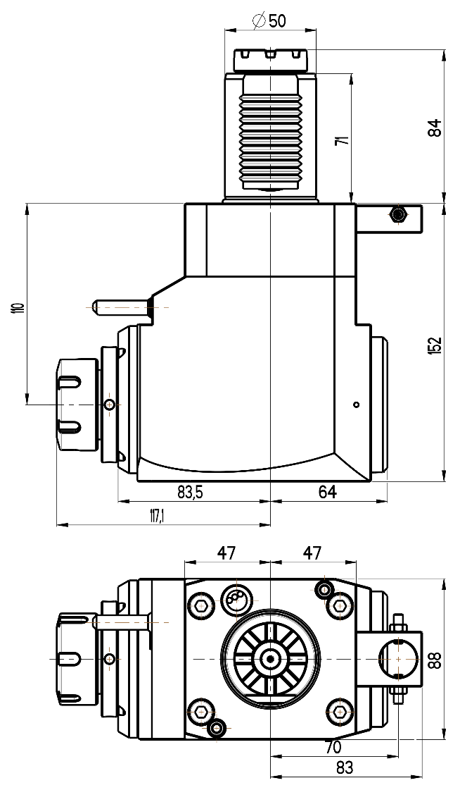 RG Tools VDI 50, winkliger Werkzeughalter, Kupplung TOEM, ohne Innenkühlung RGX1-50/241-32/1.2-110 Dimensionen