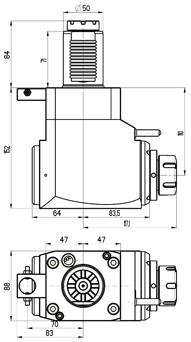 RG Tools VDI 50, winkliger Werkzeughalter, Kupplung TOEM, mit Innenkühlung RGX1-50/241-32/2.1-110 Dimensionen