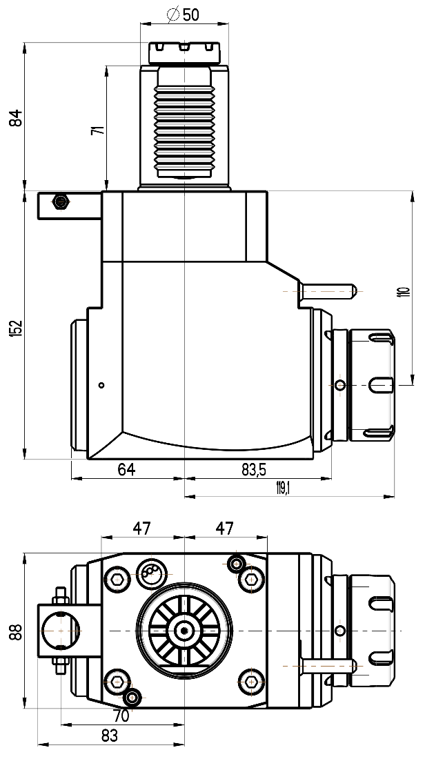 RG Tools VDI 50, winkliger Werkzeughalter, Kupplung TOEM, mit Innenkühlung RGX1-50/241-40/2.1-110 Dimensionen