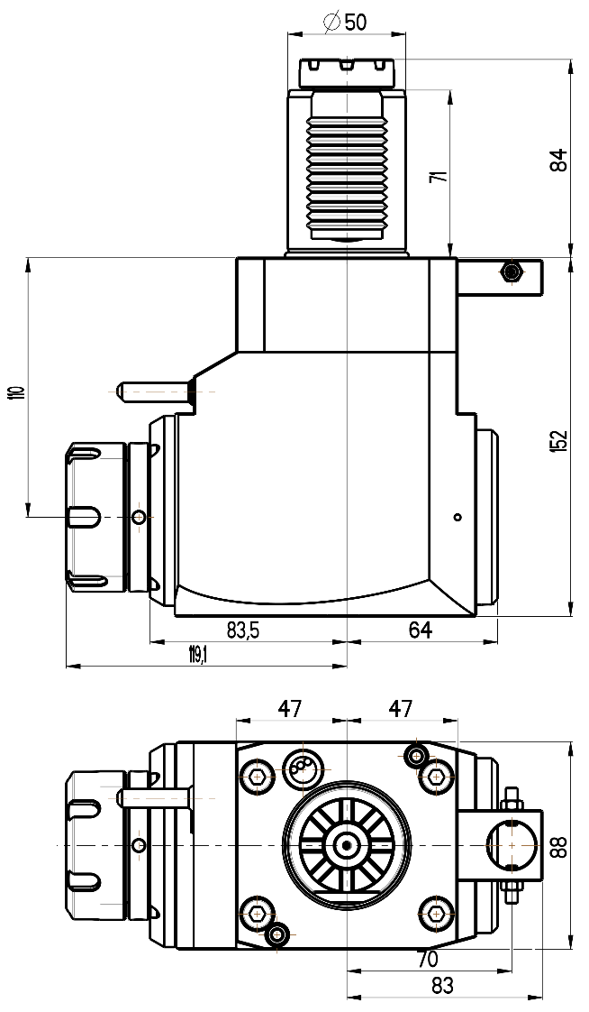 RG Tools VDI 50, winkliger Werkzeughalter, Kupplung TOEM, mit Innenkühlung RGX1-50/241-40/2.2-110 Dimensionen