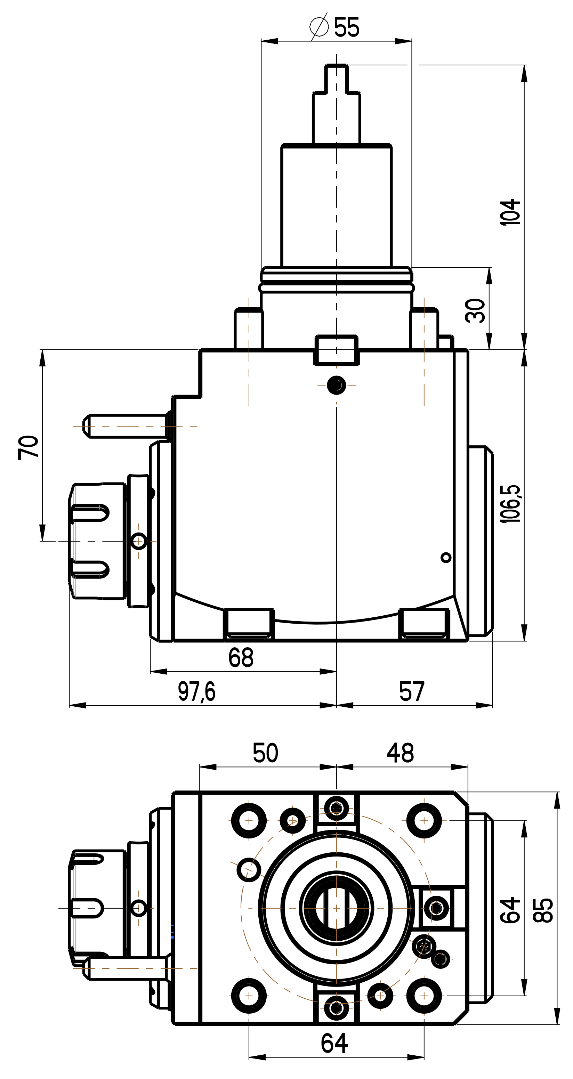 RG Tools BMT 55, winkliger Werkzeughalter, mit Innenkühlung DOOSAN RGX2-55/201-25/2.3-70(DO) Dimensionen