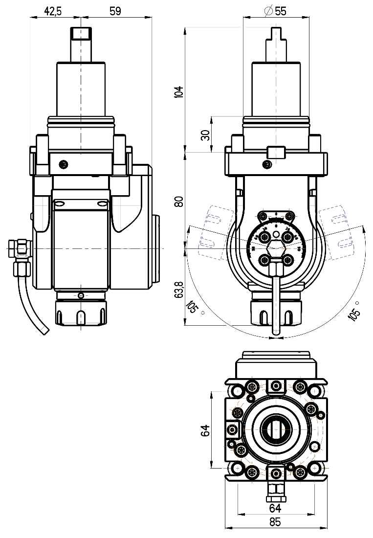 RG Tools BMT 55, winkelverstellbarer Werkzeughalter, ohne Innenkühlung DOOSAN RGX2-55/501-25/1(DO) Dimensionen