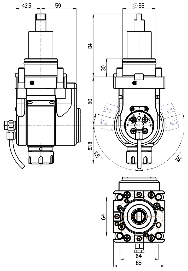 RG Tools BMT 55, winkelverstellbarer Werkzeughalter, ohne Innenkühlung DOOSAN RGX2-55/501-25/1(DO) Dimensionen