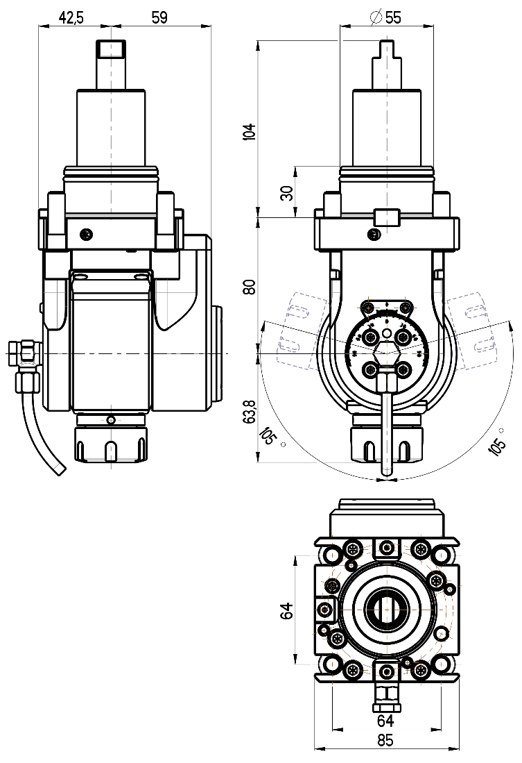 RG Tools BMT 55, winkelverstellbarer Werkzeughalter, mit Innenkühlung DOOSAN RGX2-55/501-25/2(DO) Dimensionen