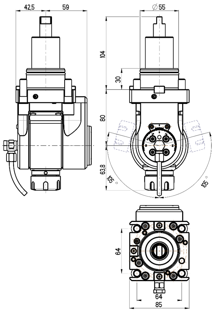 RG Tools BMT 55, winkelverstellbarer Werkzeughalter, mit Innenkühlung DOOSAN RGX2-55/501-25/2(DO) Dimensionen