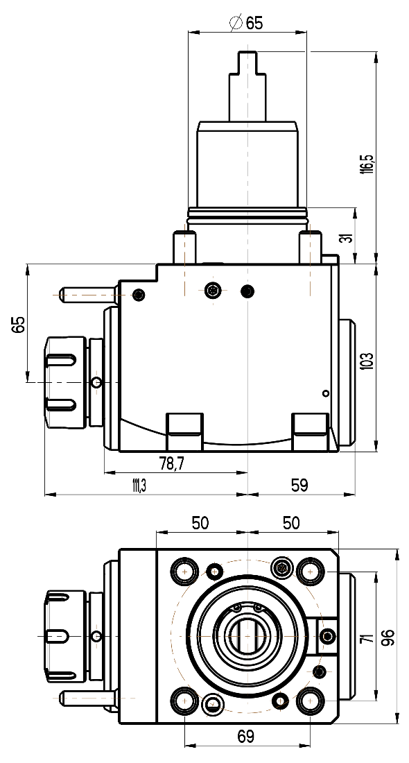 RG Tools BMT 65, winkliger Werkzeughalter, ohne Innenkühlung NAKAMURA RGX2-65/201-32/1.3-65(NT) Dimensionen