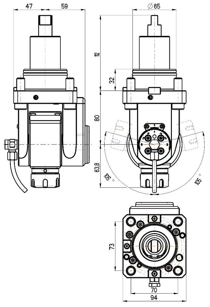 RG Tools BMT 65, winkelverstellbarer Werkzeughalter, mit Innenkühlung DOOSAN RGX2-65/501-25/2(DO) Dimensionen